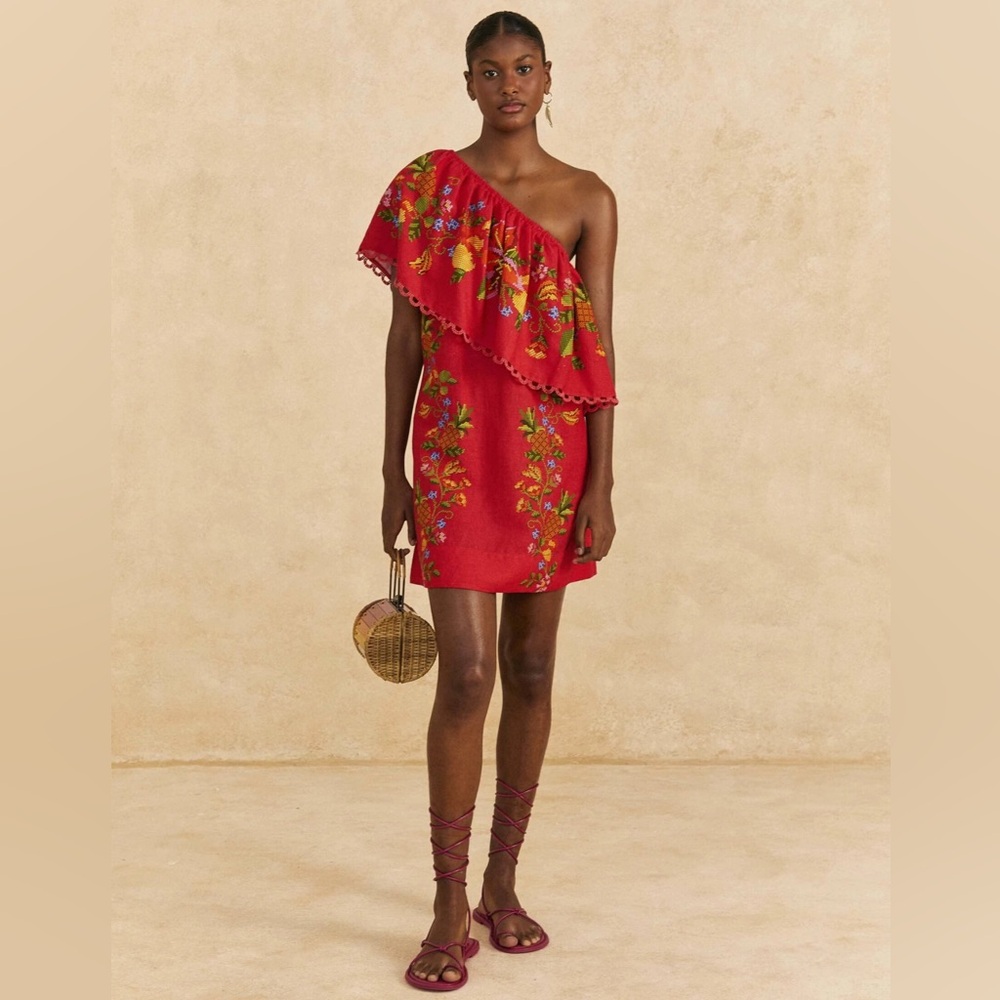 Farm Rio Red Tropical Romance Linen blend Mini Dress, size XS, NWT, retail $300
